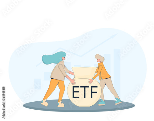 ETF concept. Economic diversification. Two investors holding a bag with Exchange Traded Funds. Young man and woman with investment symbols. Line art flat vector illustration. 