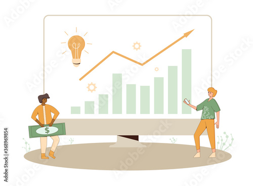 Investment idea. Financial advisor and analyst. Minor shareholders. People with huge computer monitor. Vector illustration.