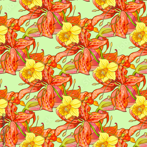 lilies and narcissus flowers. Vector seamless background pattern #1