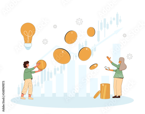 Family invest. Married young pair going to be minor shareholders. Investment idea.  People with huge coins, graph. Couple thinking over pension plan. Vector illustration.