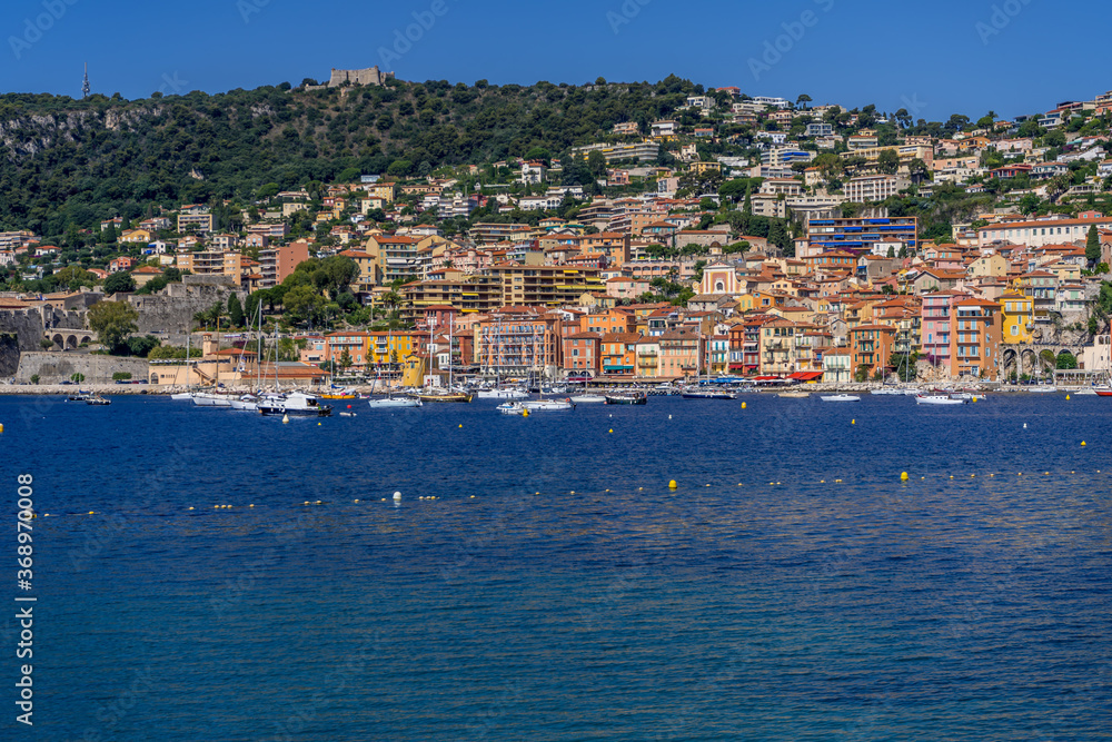 Villefranche-sur-Mer, France. 16.07.2020. Summer day on the beach. Tourism concept. Nature landscape. Card for concept design. Beach vacation. 