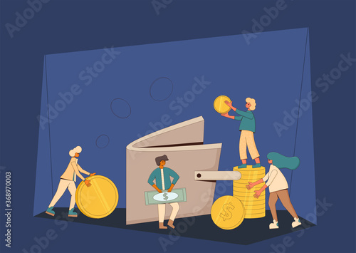Life savings concept. Young people raising money together. Teenagers with huge coins and purse. Line art flat vector illustration. 