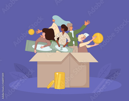 Fundraising concept. People in the  box holding money the have got from volunteers. Line art flat vector illustration. 