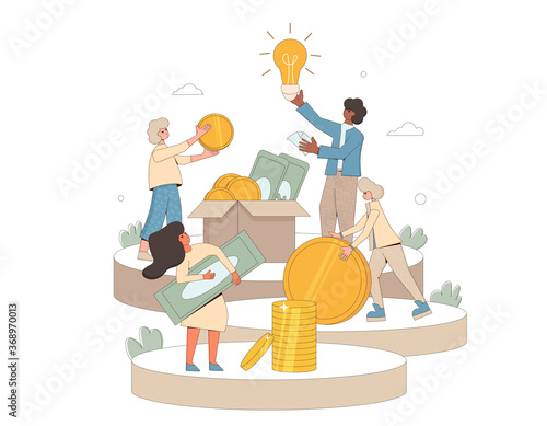 Start up investment concept. Young people raising money together. characters with huge coins and idea creator. Crowdfunding with volunteers and business team. Line art flat vector illustration. 