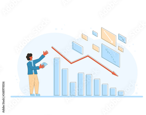 Financial crisis. Stock market crash. Invest in the company's bonds fail. Sad shareholder  with traders report looking at graphic of stocks plummeting. Global recession. Vector illustration.