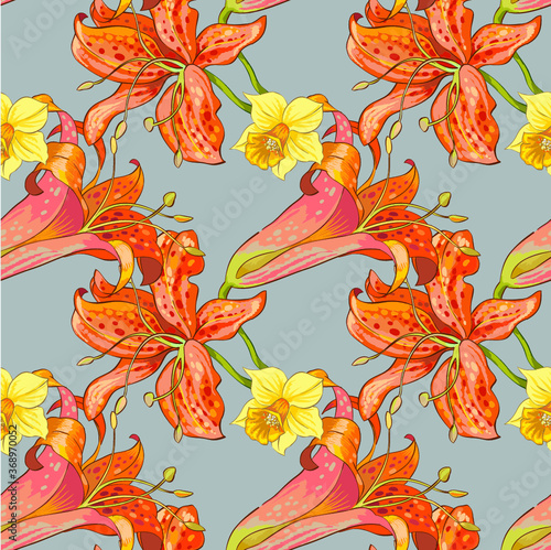 lilies and narcissus flowers. Vector seamless background pattern #3
