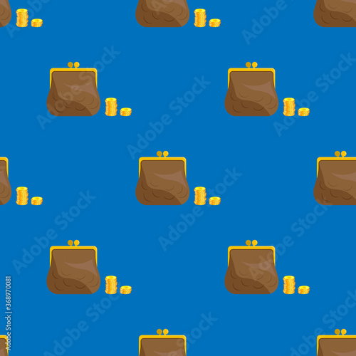 Retro leather wallet, purse with a stack of gold coins. Seamless ornament, pattern, background and template. Vector square