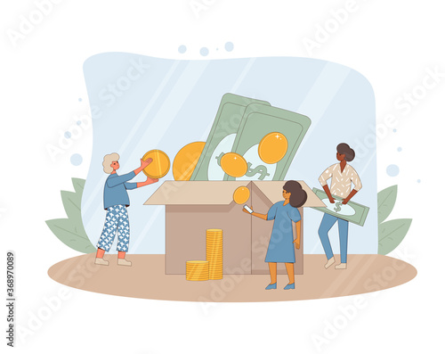Donation concept. Young people raising money together. Characters with huge coins and box. Social investment with volunteers. Line art flat vector illustration. 