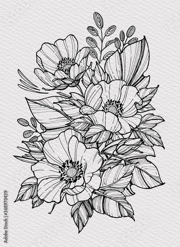 Tattoo bouquet of poppies with foliage. Floral illustration for tattoo, t-shirt design. Tattoo for forearm, thigh, back. Illustration on watercolor paper with texture
