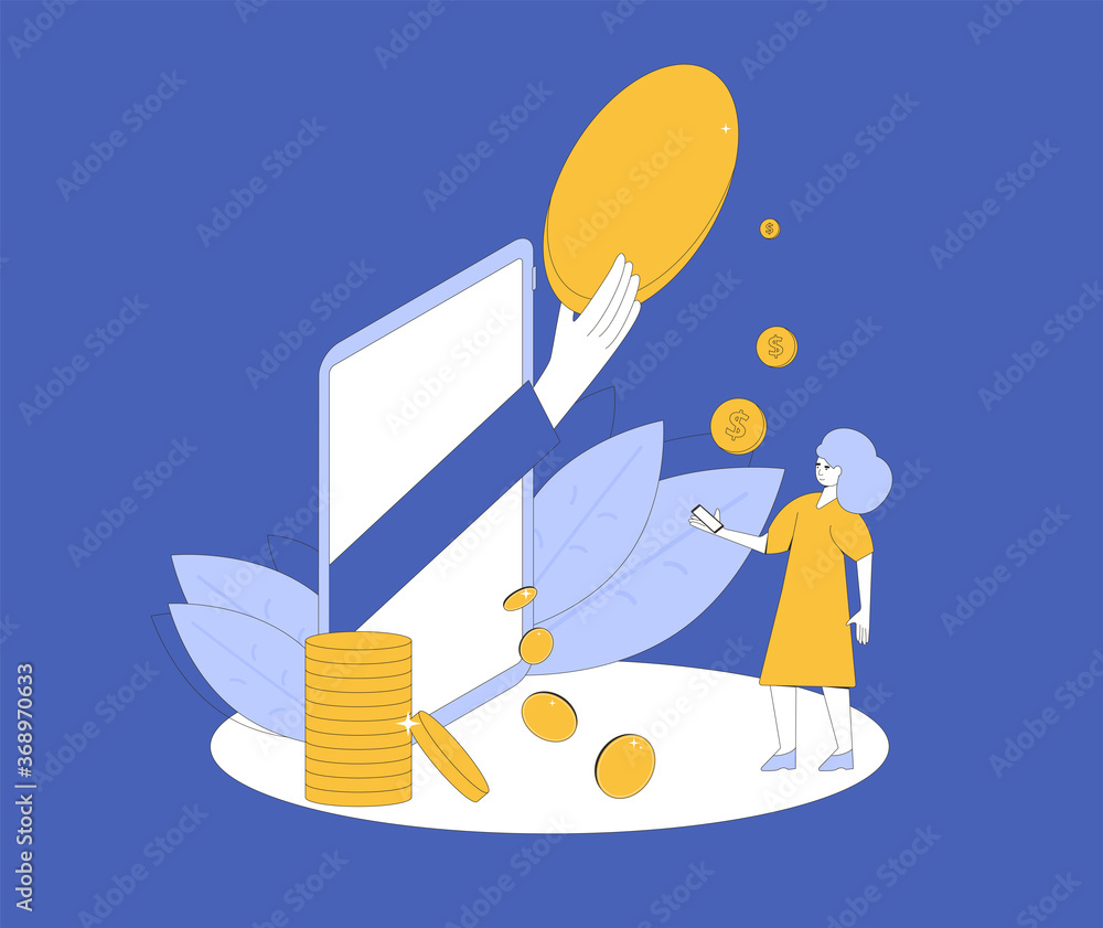 Cashback concept. Cash back. Big hand in phone screen giving money to young woman. Teenage girl get huge digital coin. Line art flat vector illustration. 