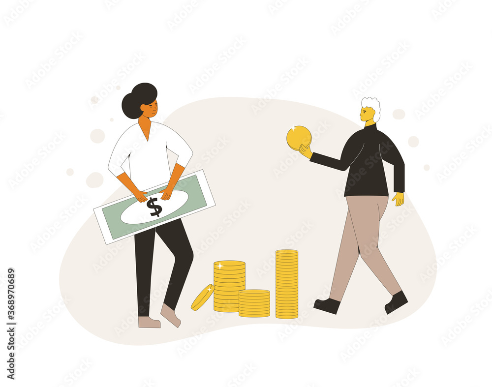 Life savings concept. Two characters with money. Line art flat vector illustration. 