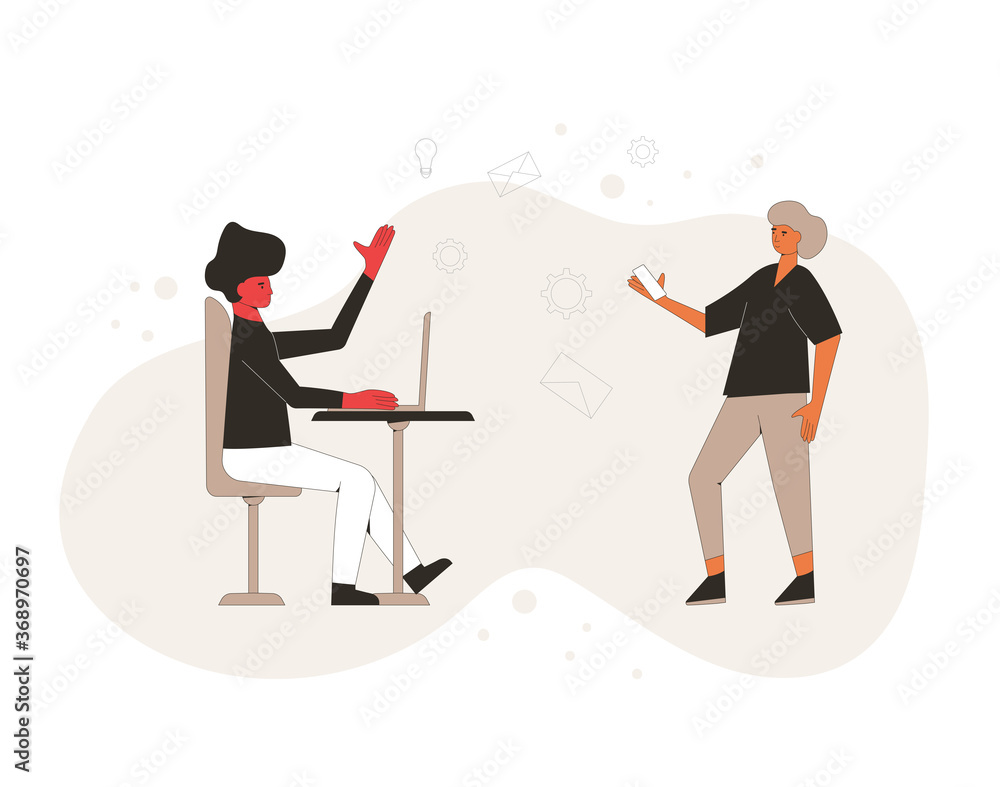 Business partners. Financial advisor and analyst. Minor shareholders. People with huge computer monitor. Vector illustration. Business partners. Financial advisor and analyst. Minor shareholders. People with huge computer monitor. Vector illustration.