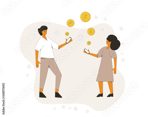 Payment with phone concept. Online finance transaction service. Two people with mobile and digital money. Line art flat vector illustration. 