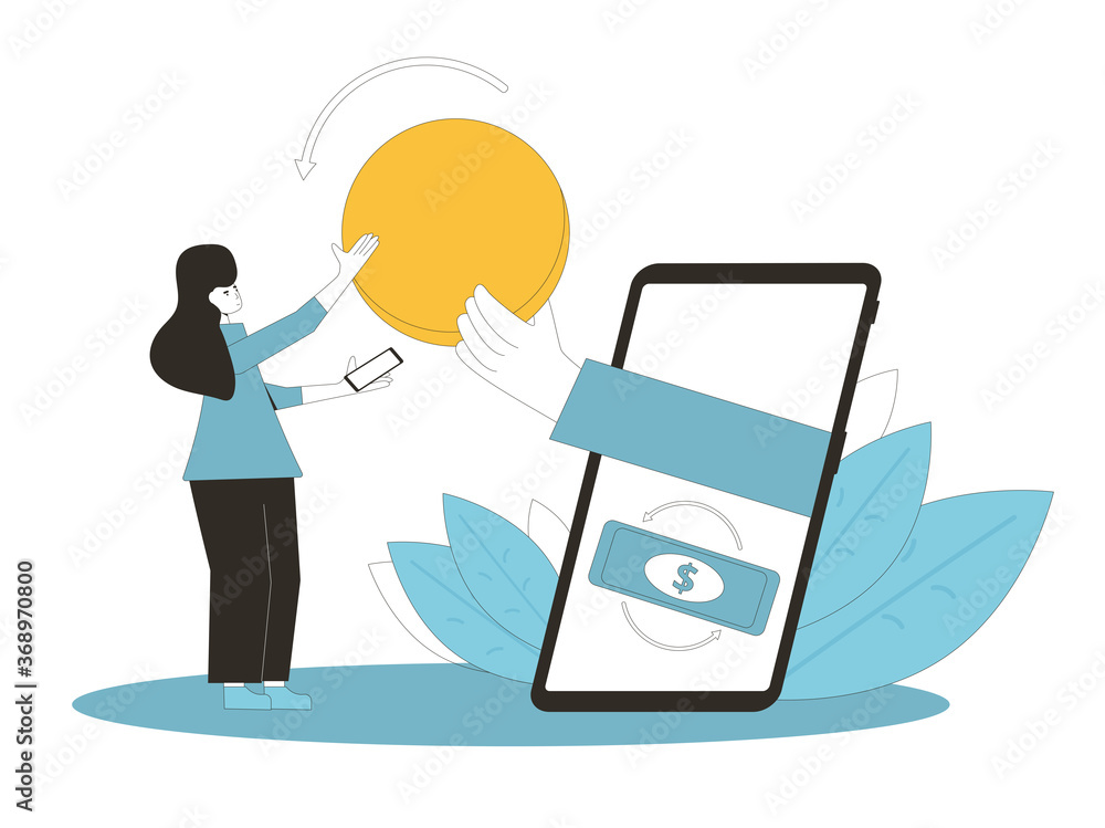 Cashback concept. Cash back. Big hand in phone screen giving money to young woman. Teenage girl get huge digital coin. Line art flat vector illustration. Cashback concept. Cash back. Big hand in phone screen giving money to young woman. Teenage girl get huge digital coin. Line art flat vector illustration.