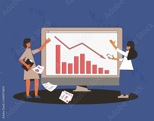 Stock market crash. Invest in the company's bonds fail. Traders report. Sad women with graphic of stocks plummeting on computer screen. Collapsing prices. Global recession. Vector illustration.  © Syuzann q