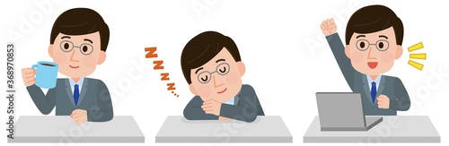 昼寝　コーヒーナップでスッキリ起きる男性社員　イラスト