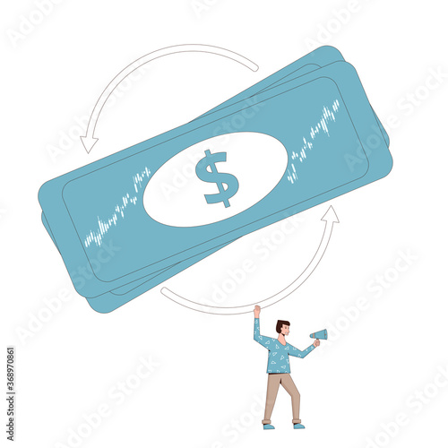 Buy back concept. Man with megaphone and stock repurchase symbol isolated on white background. Line art flat vector illustration.  photo