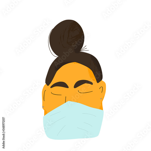 Woman in white medical face mask icon. Female patient in prevention mask. 2019-nCoV quarantine. Pandemic of coronavirus. Vector flat illustration.