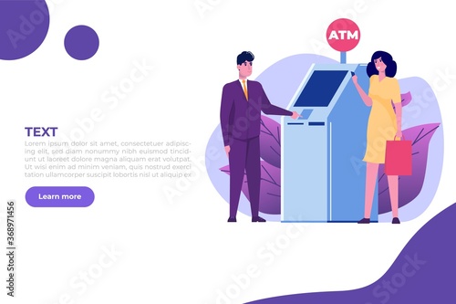 People are waiting in line near ATM machine. Queue at the ATM. Perform financial transactions Vector illustration in a flat style