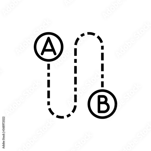 Concepto ir del punto A al punto B. Icono plano con línea discontinua con curvas y letras A y B en color negro