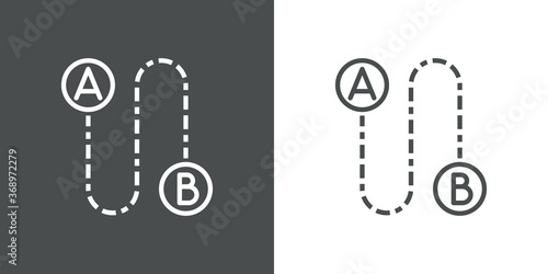 Concepto ir del punto A al punto B. Icono plano con línea discontinua con curvas y letras A y B en fondo gris y fondo blanco