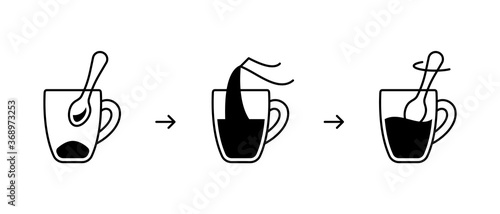 Instant coffee preparation, instruction for packaging. Basic steps to get finished drink from freeze-dried granulated coffee. Linear icon of kettle, cup, teaspoon. Contour isolated vector illustration