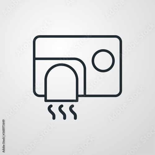 Concepto higiene en cuarto de baño. Icono plano lineal secador de mano con aire caliente en fondo gris