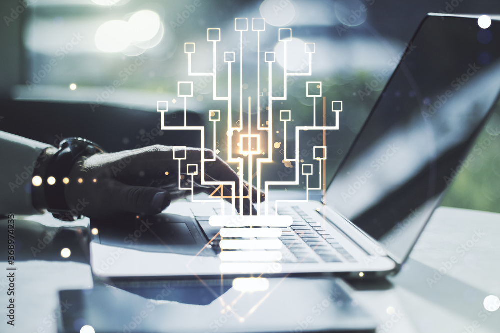 Creative idea concept with light bulb and microcircuit illustration and hands typing on laptop on background. Neural networks and machine learning concept. Multiexposure