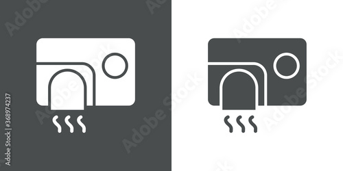 Concepto higiene en cuarto de baño. Icono plano secador de mano con aire caliente en fondo gris y fondo blanco