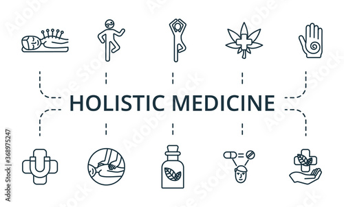 Holistic Medicine icon set. Collection contain alternative, medicine, reiki, pulse, acupuncture, chiropractic, tai, chi and over icons. Holistic Medicine elements set