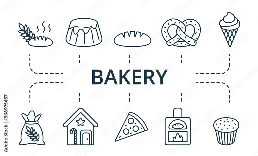 Bakery icon set. Collection contain strudel, pancake, donut, apple, pie, pretzel, waffle, croissant and over icons. Bakery elements set