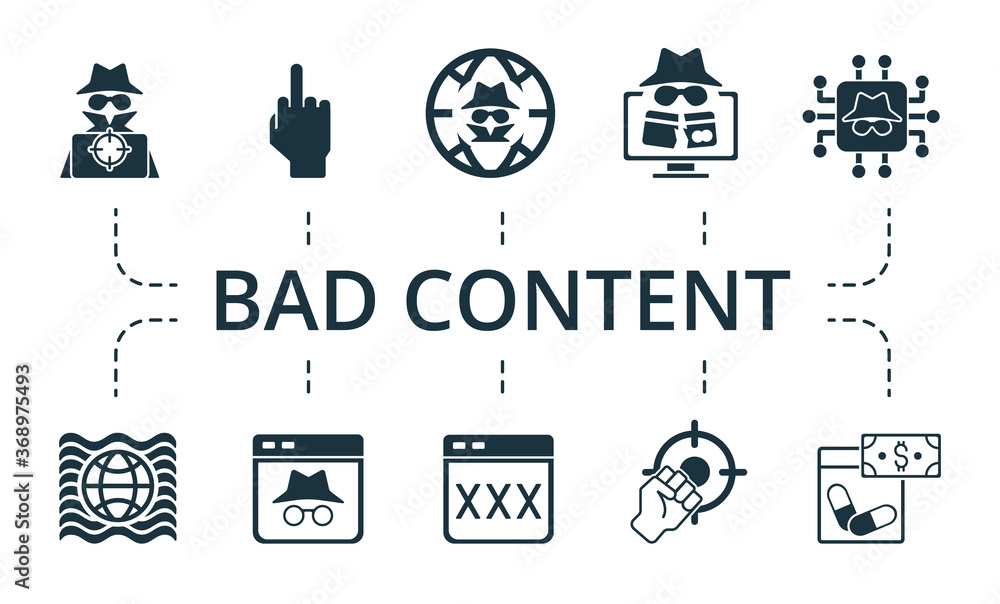 Bad Content icon set. Collection contain black, market, deep, web, terrorism, sale, data, leak, darknet and over icons. Bad Content elements set. Bad Content icon set. Collection contain black, market, deep, web, terrorism, sale, data, leak, darknet and over icons. Bad Content elements set.