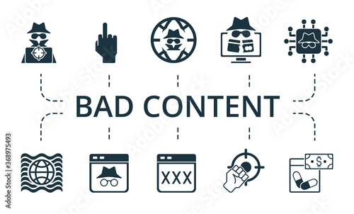 Bad Content icon set. Collection contain black, market, deep, web, terrorism, sale, data, leak, darknet and over icons. Bad Content elements set.