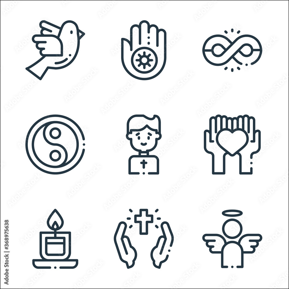 spiritual line icons. linear set. quality vector line set such as angel, cross, candle, heart, priest, yin yang, infinite, jainism. - obrazy, fototapety, plakaty 