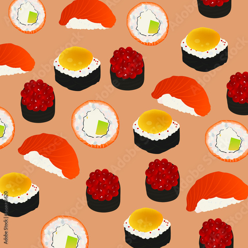 Bright background rolls and sushi on a beige background