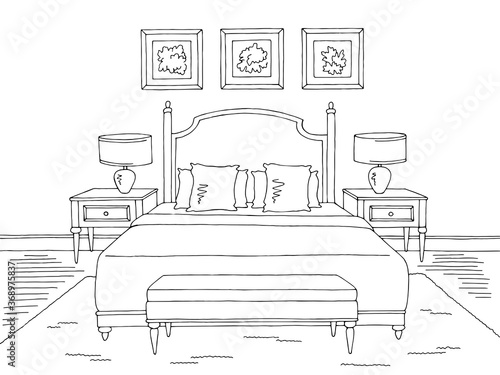 Bedroom graphic black white home interior sketch illustration vector