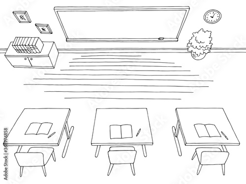 Classroom graphic black white interior top aerial view sketch illustration vector