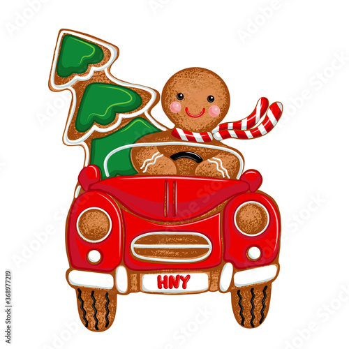 .   .Gingerbread Man driver,  Christmas car and Christmas tree.Vector illustration of holiday baking. Christmas collection.