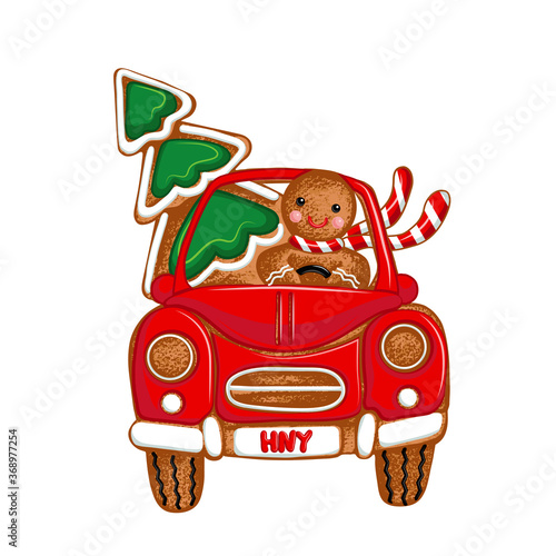 .   .Gingerbread Man driver   Christmas car and Christmas tree.Vector illustration of holiday baking. Christmas collection.