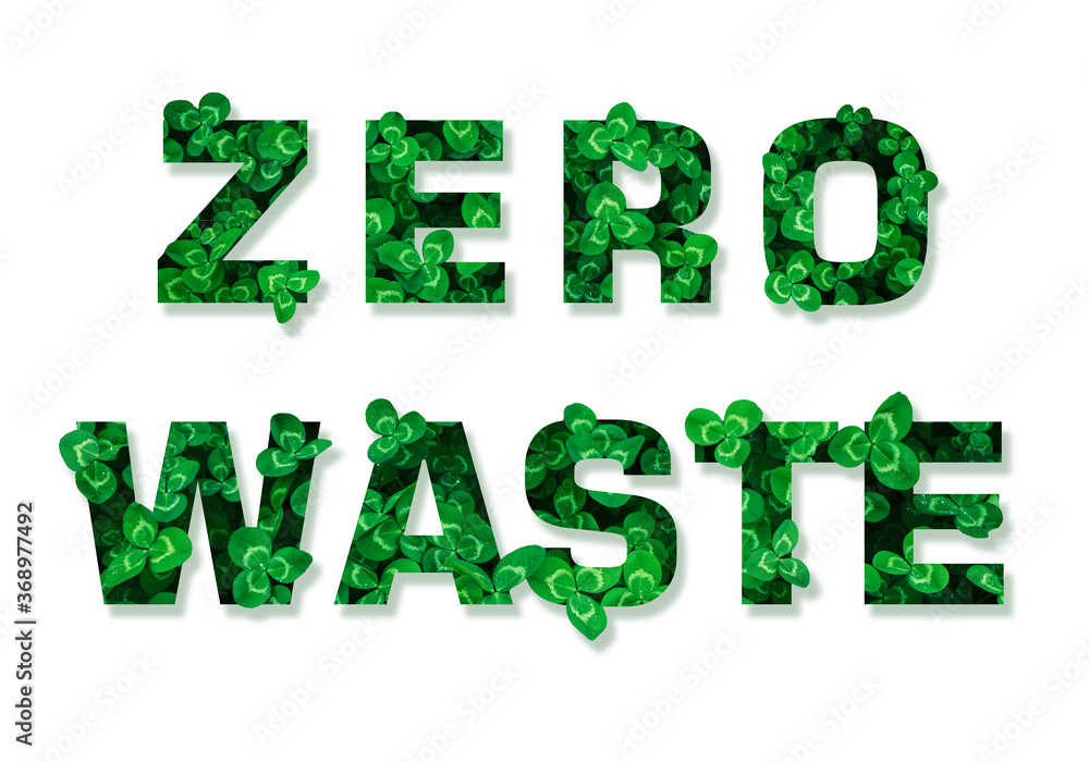 Zero waste concept. Text with green leaves on white background Zero waste concept. Text with green leaves on white background