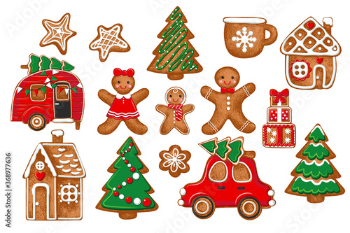 . Diverse gingerbread collection . Vector illustration of holiday baking. Christmas collection..
