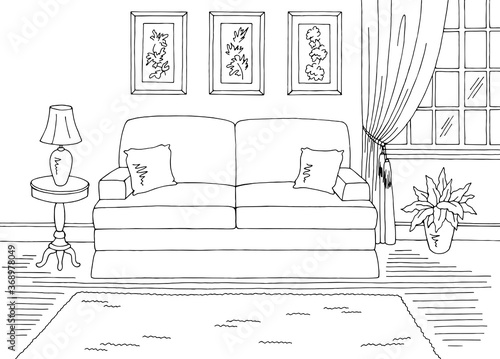 Living room graphic black white classic home interior sketch illustration vector
