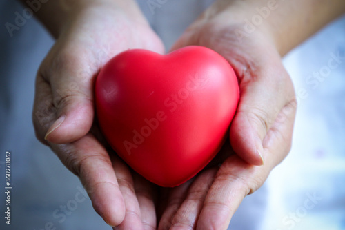 A hand of old woman holding a red heart symbol in hands  healthy care concept