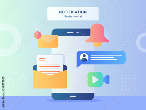 Notification illustration set smartphone with notification message email bell chat video call flat style .