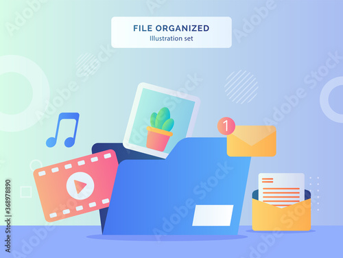 File organized illustration set file folder contains video music picture message email with flat style