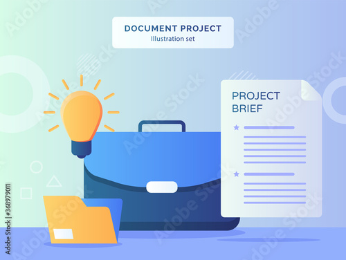 Document project illustration set executive leather suitcase nearby light bulb idea file folder brief project paper with flat style.