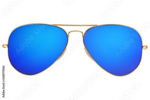 Fotografia Blue aviator sunglasses with golden frame isolated on white.