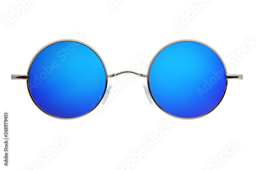 Round blue mirror gun metal sunglasses isolated on white