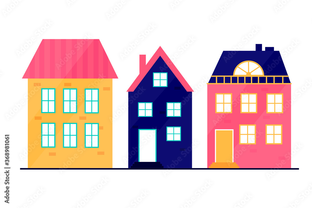 Set vector houses. A colorful street with bright houses. Cute illustration in a flat style.