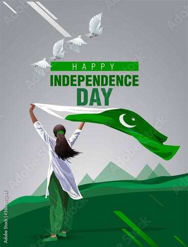 pakistan Girl waving flag her hands. 14 August Happy Independence day celebration concept. can be used as poster or banner design. vector illustration.